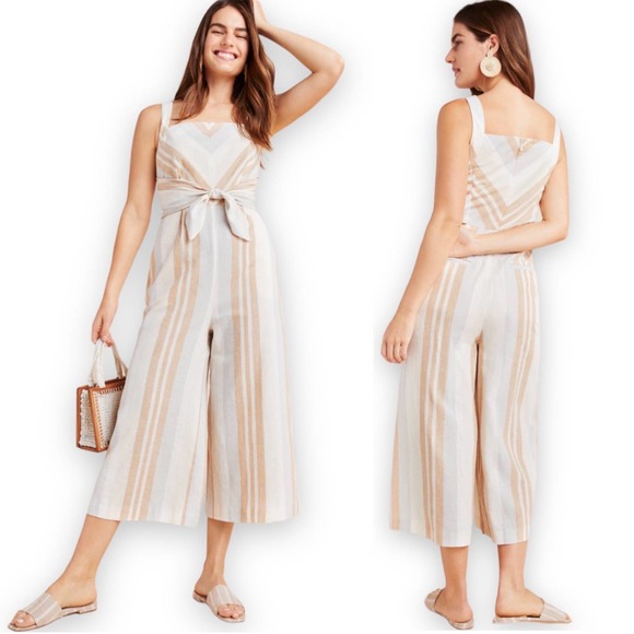 Anthropologie Pants - Anthropologie Tan and Cream Striped Overall Jumpsuit Women’s Size US 4